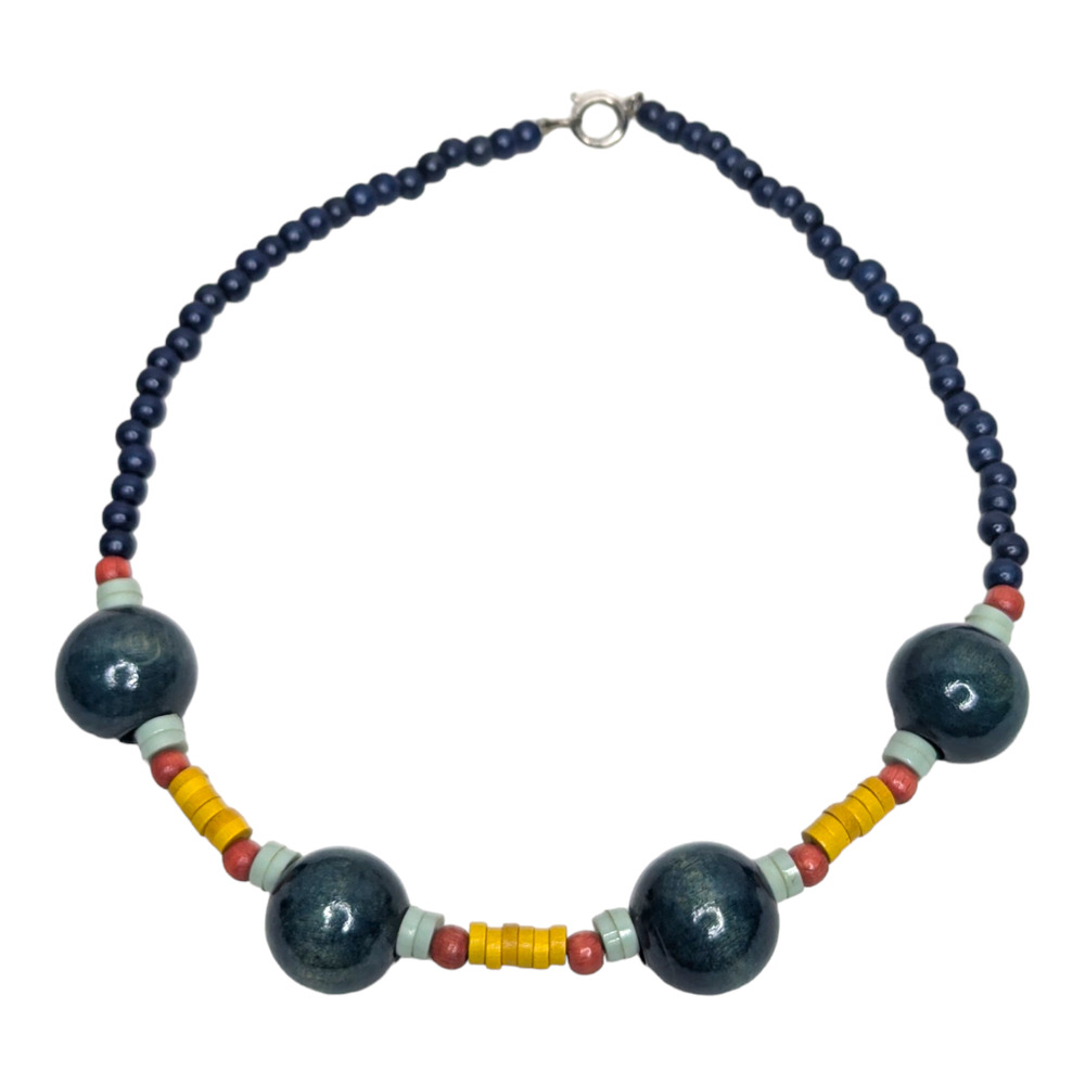 Teal Blue Multi Color Wooden Heishi‎ Beaded 13in Chunky Necklace Jewelry